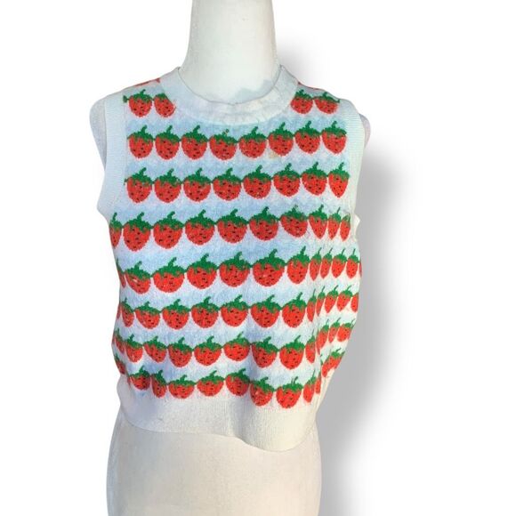 Levi’s Sweetie Strawberry Knit Sweater Vest Red Stripe Green White Printed Small - Picture 1 of 9
